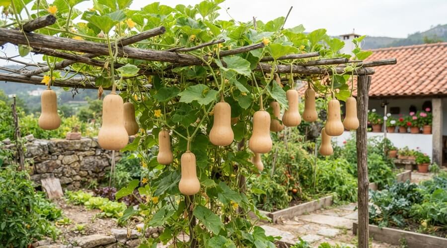 Variedades de abóbora em Portugal: qual escolher para a sua horta 4 Variedades de abóbora: butternut em forma de pera pendurada numa treliça