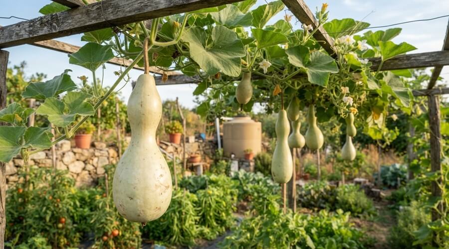 Variedades de abóbora em Portugal: qual escolher para a sua horta 5 Variedades de abóbora: carneira, uma cabaça comprida e verde-clara numa treliça