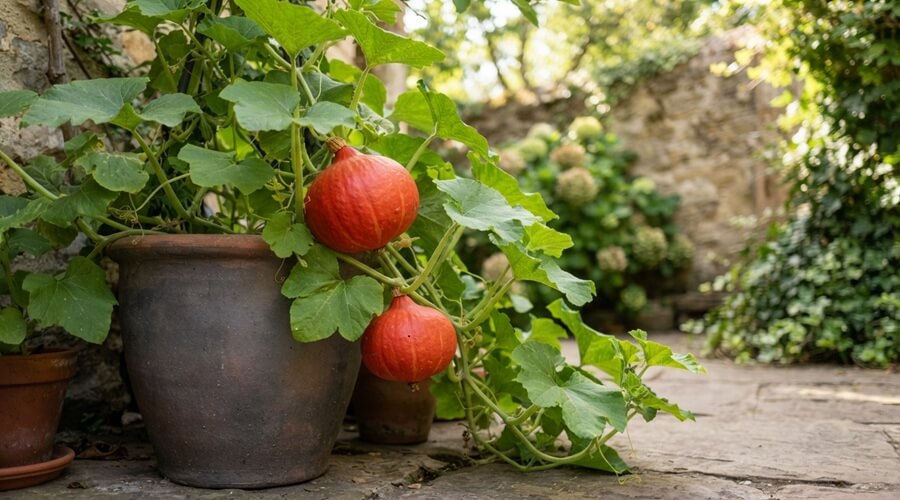 Variedades de abóbora em Portugal: qual escolher para a sua horta 2 Variedades de abóbora: abóbora Hokkaido pequena a crescer num vaso grande