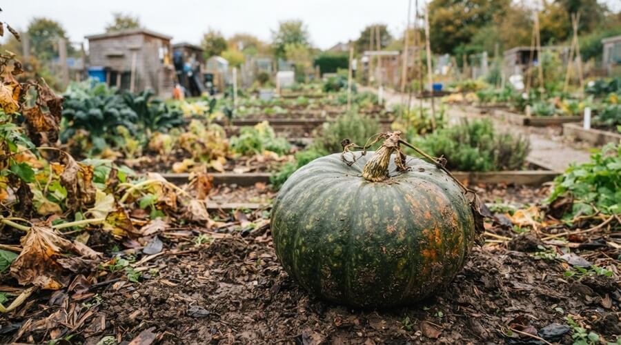 Variedades de abóbora em Portugal: qual escolher para a sua horta 3 Variedades de abóbora: abóbora-porqueira de casca verde-escura numa horta comunitária