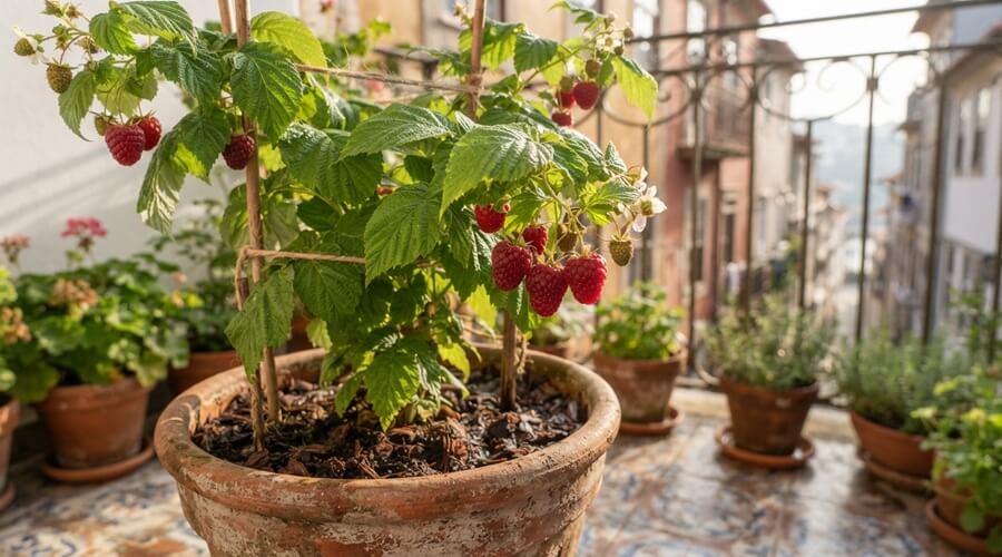 Como cultivar framboesas: plantação, rega e poda 5 cultivar framboesas em vaso numa varanda portuguesa