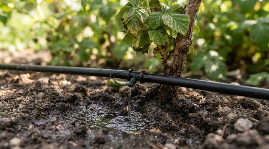 Como cultivar framboesas: plantação, rega e poda 2 Cultivar framboesas rega gota a gota em framboesas para evitar encharcamento do solo