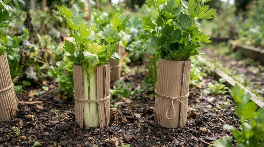 Como cultivar aipo: solo, rega e colheita 1 talos de aipo a serem branqueados com colar de cartão