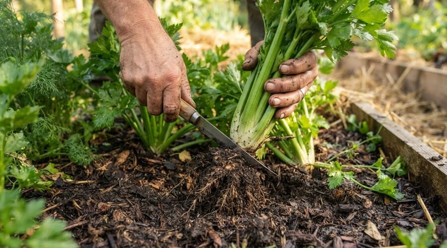 Como cultivar aipo: solo, rega e colheita 2 colheita de aipo com corte junto à raiz