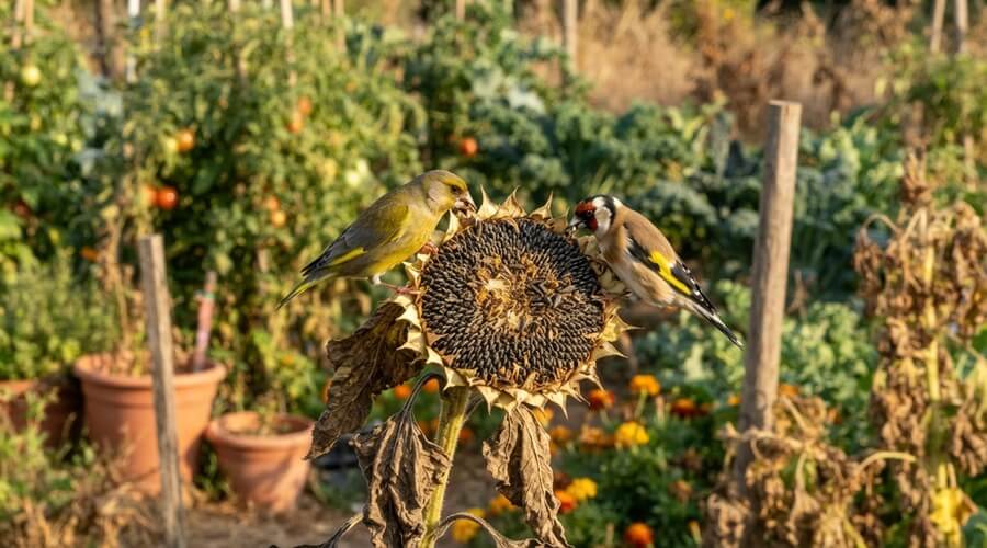 Girassol na horta: 9 vantagens e os cuidados que deve ter 2 Girassol na horta com sementes maduras a alimentar aves