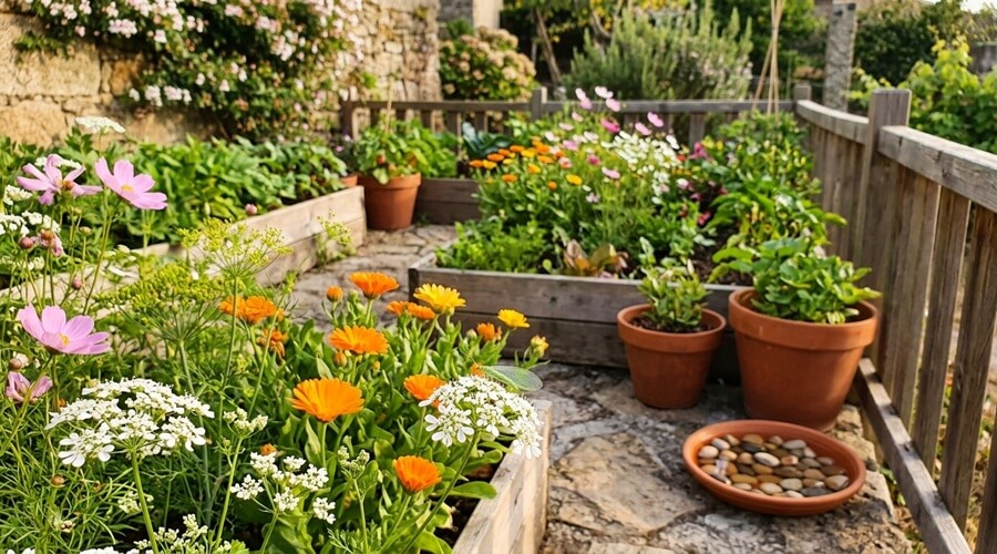 Varanda com vasos de coentros, calêndula, endro e cosmos em flor para atrair a crisopa