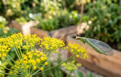 Crisopa adulta de asas transparentes e olhos dourados pousada numa flor de endro no quintal