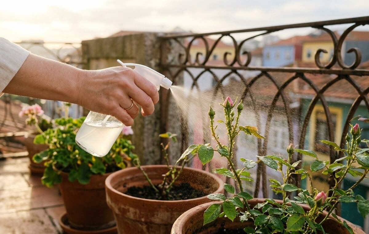Pulverização de sabão inseticida sobre pulgões nos rebentos de uma roseira em vaso numa varanda