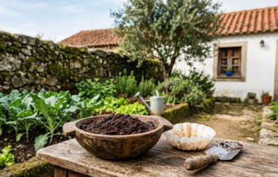 Borras de café secas numa tigela de madeira junto a um canteiro de couve-galega numa horta portuguesa