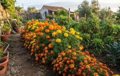 Tagetes em bordadura de horta biológica portuguesa com flores laranja e amarelas junto a tomateiros e pimentos
