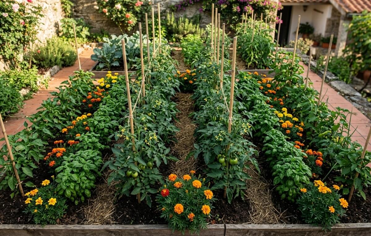 Plantas companheiras e antagónicas plantadas lado a lado num canteiro de quintal