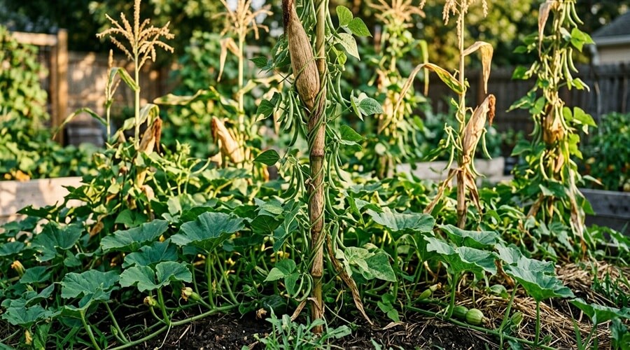 Plantas companheiras e antagónicas na horta biológica 4 Exemplo clássico de plantas companheiras e antagónicas: milho, feijão-trepador e abóbora plantados juntos