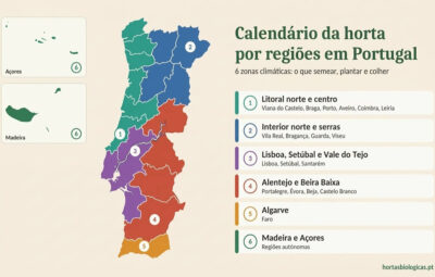 Mapa de Portugal com as seis zonas do calendário da horta por regiões, cada uma de uma cor
