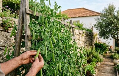 Ervilheira saudável num quintal português, sem sinais de pragas e doenças da ervilha