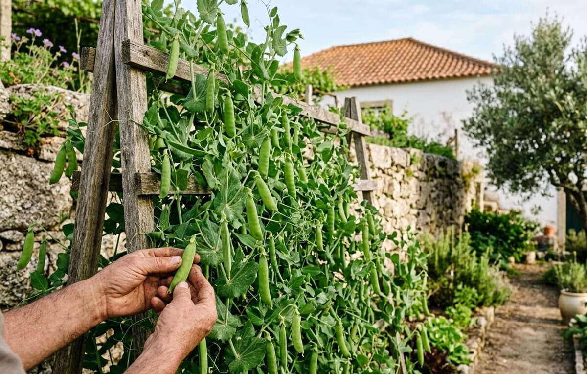 Ervilheira saudável num quintal português, sem sinais de pragas e doenças da ervilha