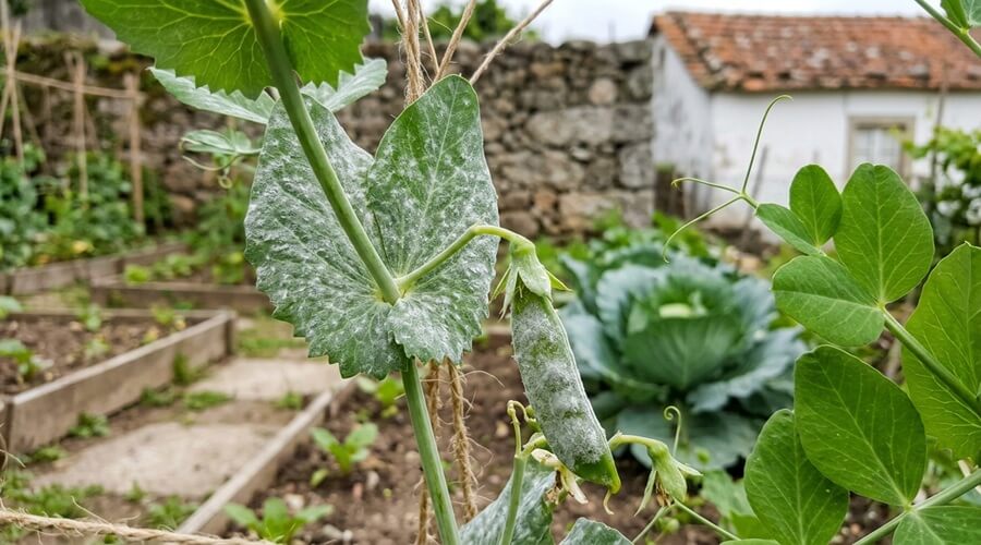 Pragas e doenças da ervilha: como identificar e combater de modo biológico 1 Folhas e vagem de ervilha com pó branco do oídio, uma das pragas e doenças da ervilha mais comuns