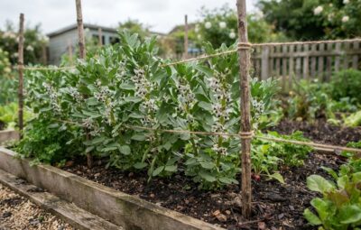 Cultivar favas num canteiro de quintal com plantas em flor