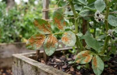 Folhas de favas com ferrugem, uma das doenças e pragas das favas mais comuns