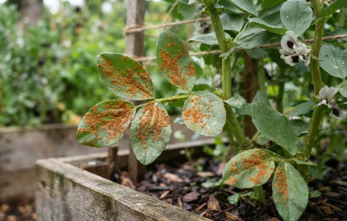 Folhas de favas com ferrugem, uma das doenças e pragas das favas mais comuns