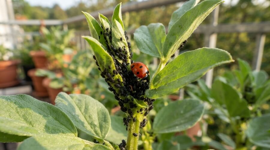 Doenças e pragas das favas: como identificar e tratar de modo biológico 2 Joaninha a comer piolhos pretos, uma das pragas das favas, nos rebentos da planta