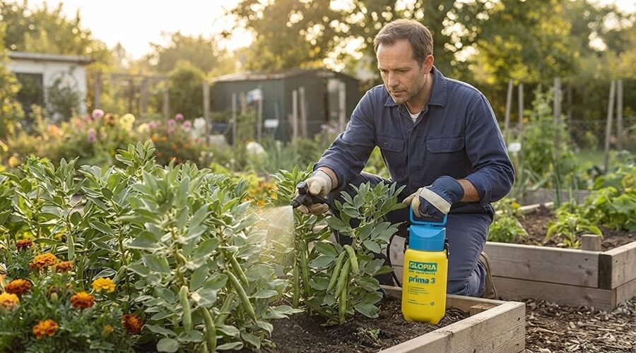 Doenças e pragas das favas: como identificar e tratar de modo biológico 3 Pulverização biológica de favas contra doenças e pragas das favas, ao fim da tarde