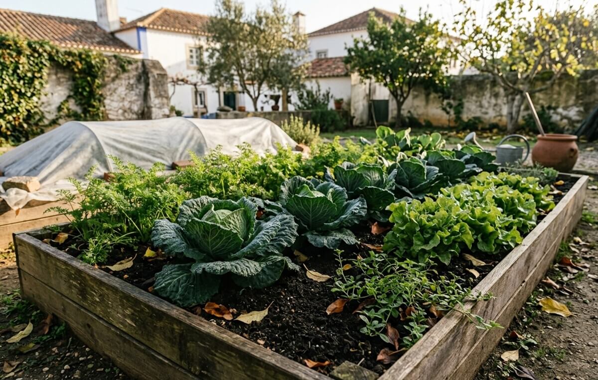 horta produtiva em novembro com couves e alfaces em Portugal