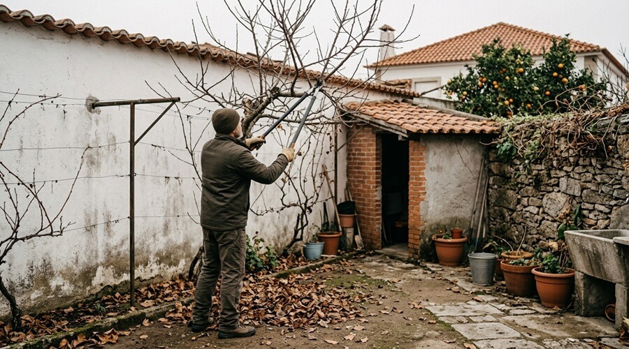 poda de árvore de folha caduca no jardim em novembro