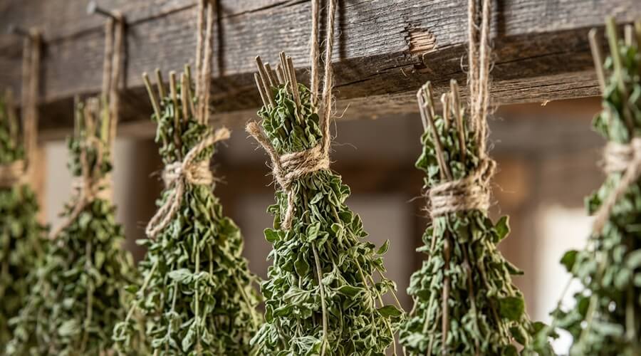 Como cultivar e usar os orégãos na sua horta e na sua cozinha 2 molhos de orégãos pendurados a secar