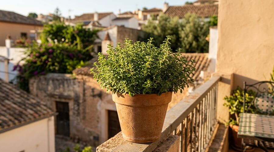 Como cultivar e usar os orégãos na sua horta e na sua cozinha 1 orégãos a crescer em vaso de terracota numa varanda