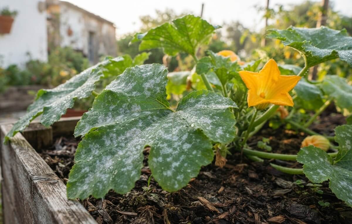 Folhas de courgette com oídio na horta, cobertas por pó branco