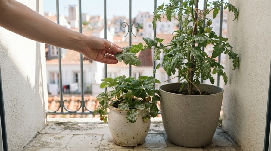 Oídio na horta - Como Prevenir e Tratar Modo Biológico 1 Sintomas de oídio na horta em morangueiro e tomateiro cultivados em vaso na varanda