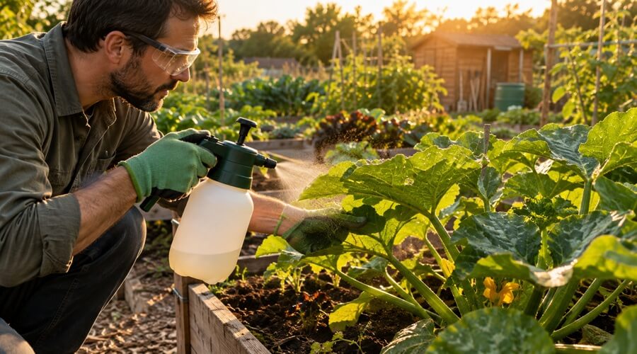 Oídio na horta - Como Prevenir e Tratar Modo Biológico 2 Pulverização de tratamento biológico contra o oídio na horta ao fim da tarde