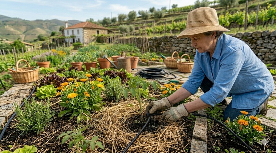 Mulher a preparar a rega gota-a-gota e o mulching num tomateiro, uma das principais tarefas na horta em abril para garantir a eficiência hídrica
