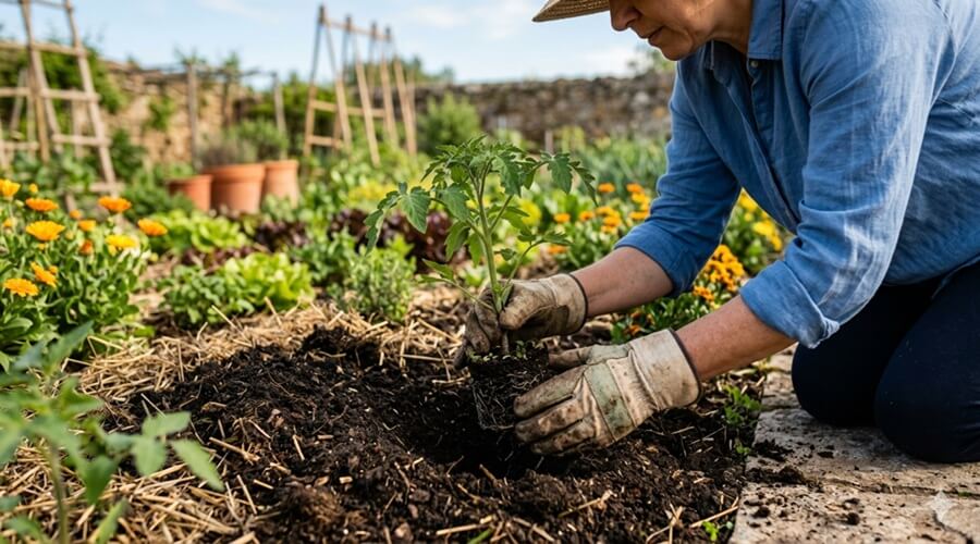 Transplante de tomateiro jovem em solo com mulching, uma das principais tarefas na horta em abril