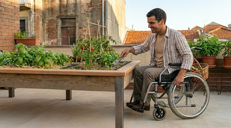 Horticultor em cadeira de rodas cultivando em hortas elevadas