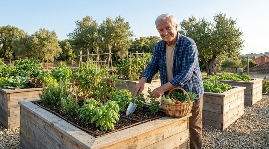 Idoso a cultivar autonomamente em hortas elevadas ergonómicas