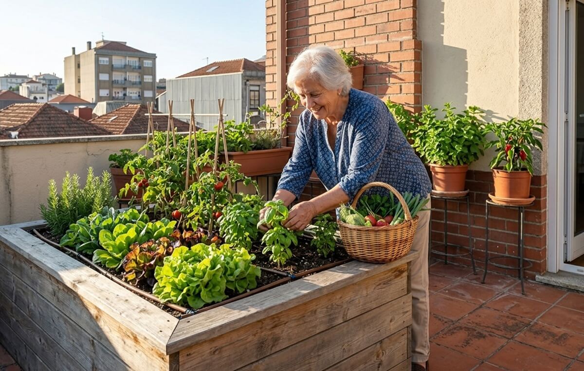Uma idosa portuguesa a cultivar hortas elevadas biológicas num terraço urbano.