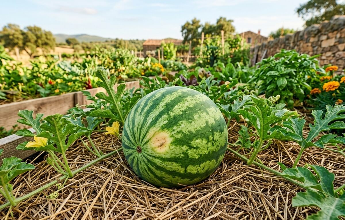 Cultivar melancias na horta - Uma melancia biológica madura e riscada repousa sobre palha numa horta caseira sustentável em Portugal, rodeada por folhas verdes luxuriantes e flores sob a luz solar do fim da tarde