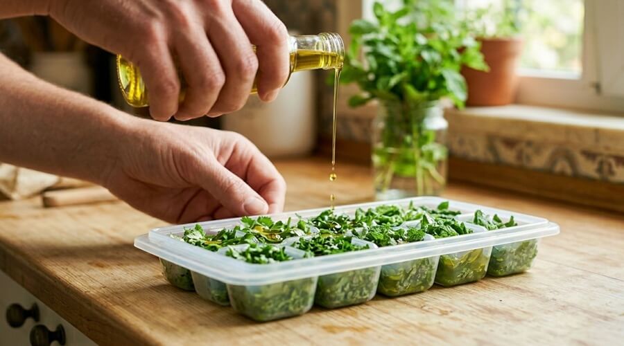 Como conservar ervas aromáticas frescas por mais tempo 3 Truques para conservar ervas aromáticas frescas em azeite no congelador, incluindo hortelã e outras plantas da horta biológica
