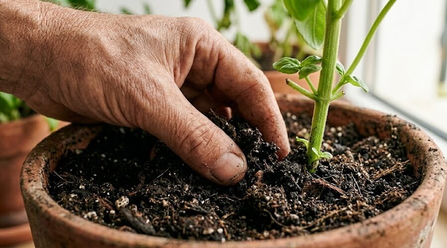 Horticultor biológico testa a humidade do solo para tratar manjericão a murchar
