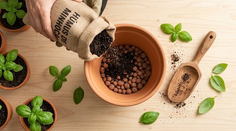 Montagem de vaso com argila expandida para prevenir o manjericão a murchar por asfixia radicular