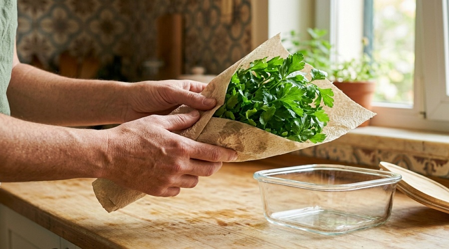 Como conservar ervas aromáticas frescas por mais tempo 2 Como conservar ervas aromáticas frescas e preservar a salsa por mais tempo usando papel absorvente