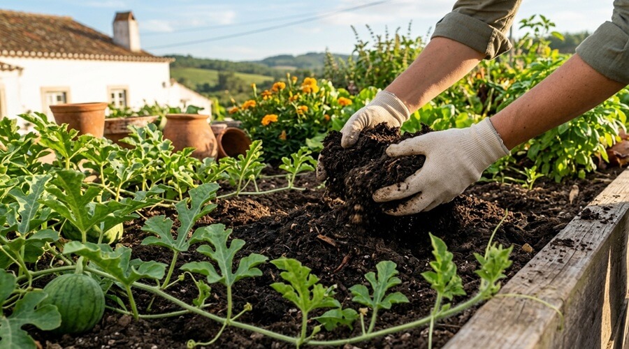 Mãos de um horticultor, usando luvas de tecido leve, a incorporar composto orgânico escuro e rico em solo de horta (horta) preparado para cultivar melancias na horta. Em primeiro plano, vêem-se as folhas verdes de plantas de melancia. O fundo mostra uma horta sustentável em Portugal com uma casa de campo tradicional sob a luz solar.
