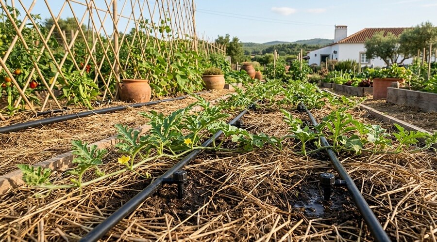 Instalação de sistema de rega gota-a-gota na base de plantas jovens, uma técnica sustentável para cultivar melancias na horta evitando o contacto de água com a folhagem