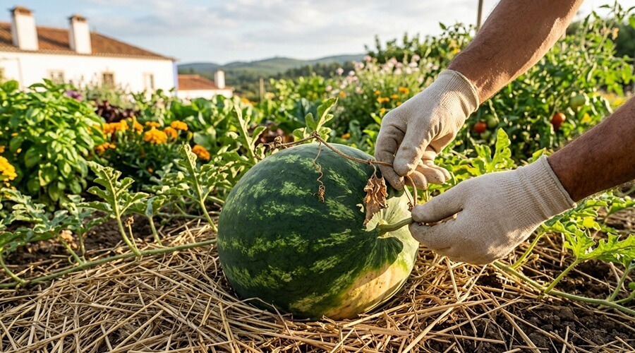 Imagem de plano médio e detalhado focada nas mãos do horticultor a realizar a verificação final para cultivar melancias na horta e saber se a colheita é adequada. A fotografia mostra a textura da melancia madura, o acolchoamento de palha seca e as luvas de algodão. No fundo, a estrutura de suporte e o ambiente da horta portuguesa reforçam a abordagem biológica e consciente.