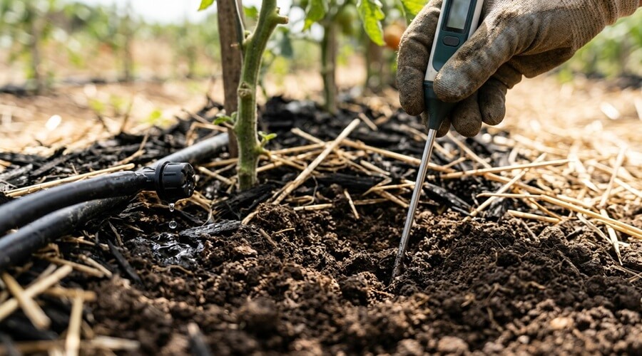 Podridão apical do tomate: Causas, prevenção e soluções biológicas para a sua horta 1 Medidor de humidade inserido no solo texturizado perto da base de um tomateiro cultivado em solo pleno, prevenindo causas da podridão apical no tomateiro