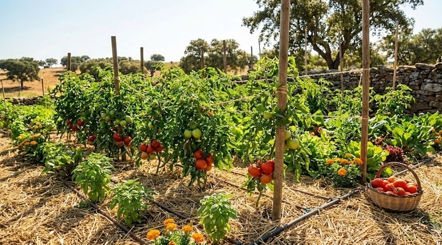 Podridão apical do tomate: Causas, prevenção e soluções biológicas para a sua horta 3 Horta em solo pleno com tomateiros vigorosos e uma cesta de tomates saudáveis, sem qualquer sinal de podridão apical do tomate
