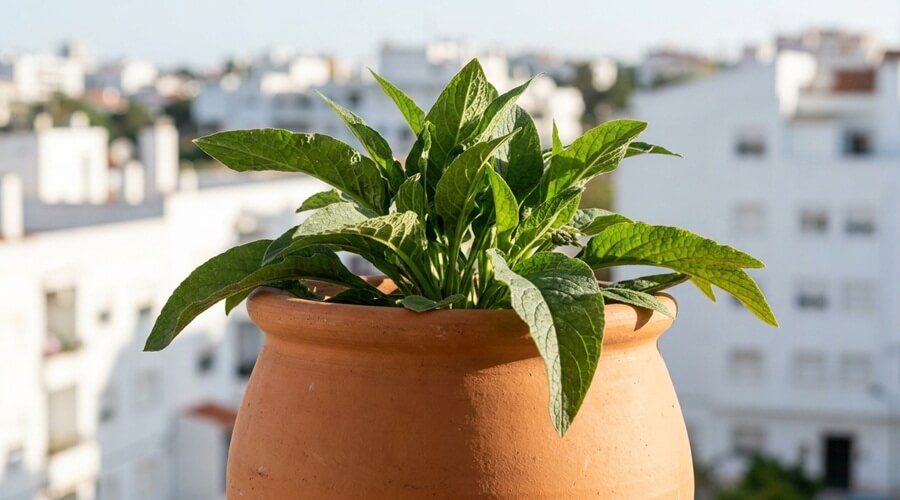 Planta de consolda robusta crescendo num grande vaso de terracota numa varanda urbana em Portugal