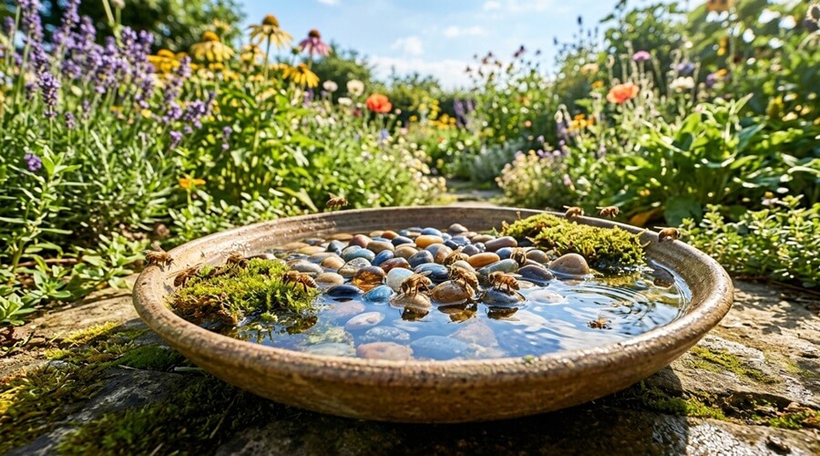 Bebedouro seguro com pedras e musgo para atrair abelhas e polinizadores para a horta biológica