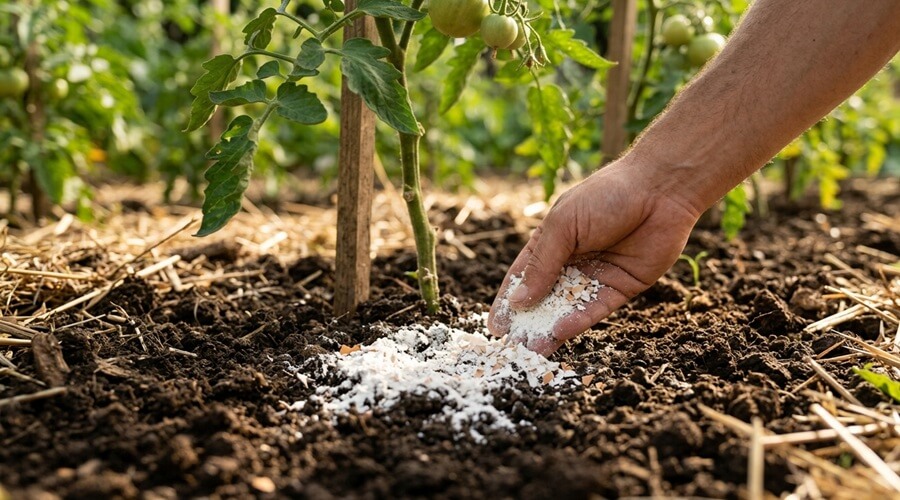 Podridão apical do tomate: Causas, prevenção e soluções biológicas para a sua horta 2 Mão a incorporar farinha de casca de ovo e composto no solo pleno na base de um tomateiro, prevenindo a podridão apical do tomate
